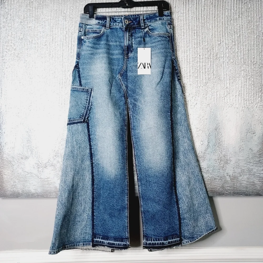 Zara Z1975 Slit Patchwork Denim Skirt - Picture 5 of 6